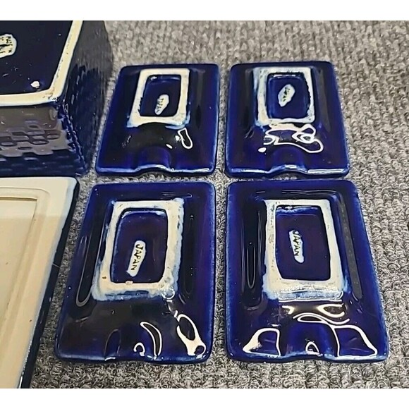 Ceramic Individual 4-Ashtray Box w/Lid Cobalt Blue Japan Antique - Picture 9 of 11